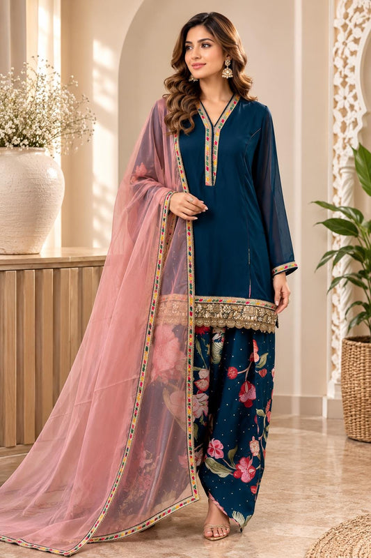 Teal Blue Georgette Farshi Suit