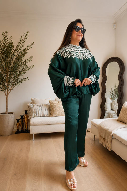 Bottle Green Satin Silk Co-Ord Set