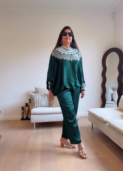Bottle Green Satin Silk Co-Ord Set