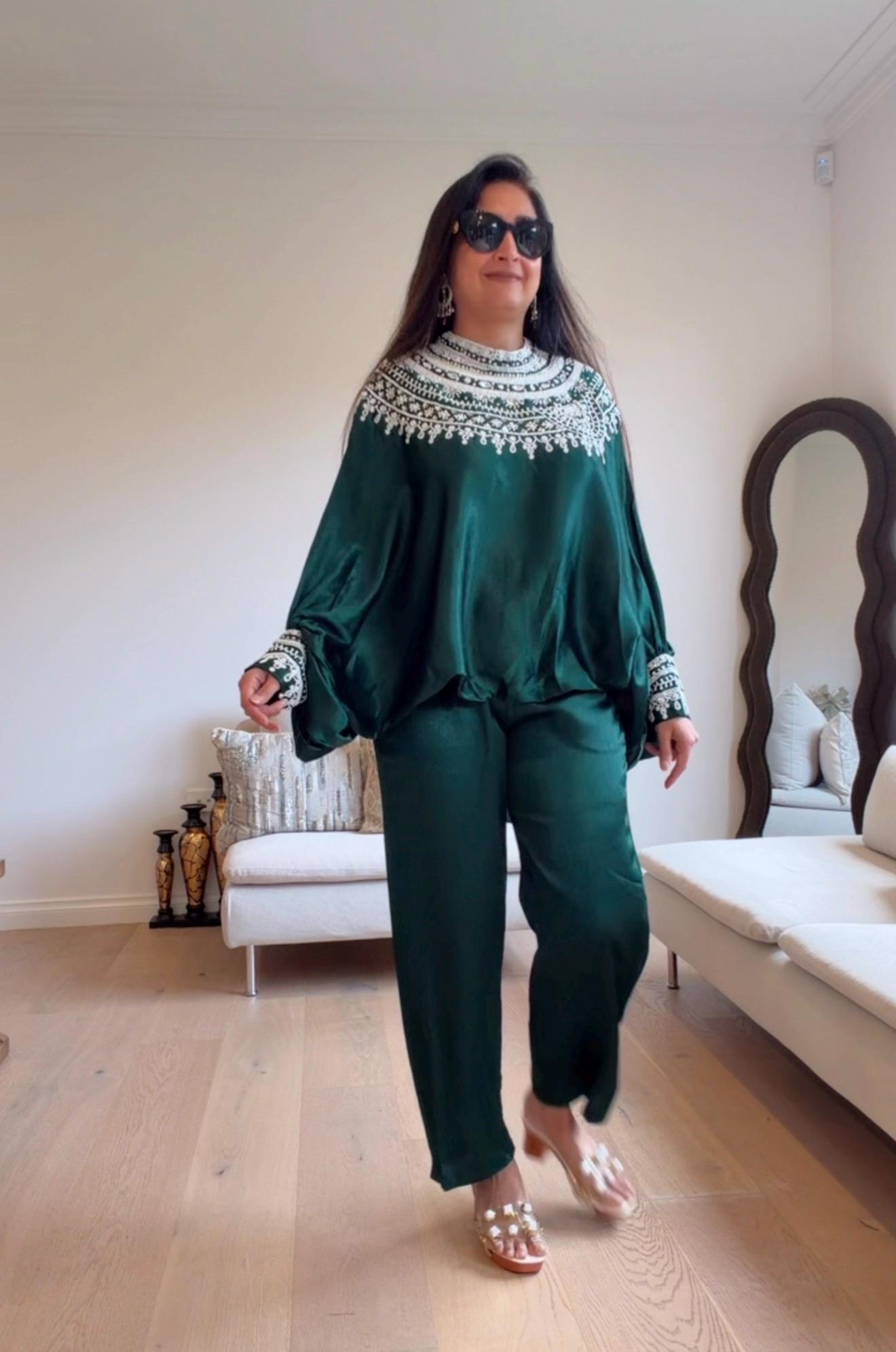 Bottle Green Satin Silk Co-Ord Set