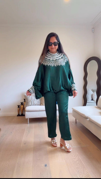 Bottle Green Satin Silk Co-Ord Set