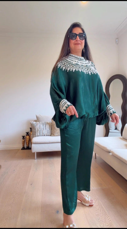 Bottle Green Satin Silk Co-Ord Set