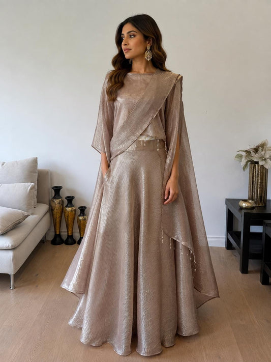 Rose Gold Champagne Crush Georgette Lehenga Set