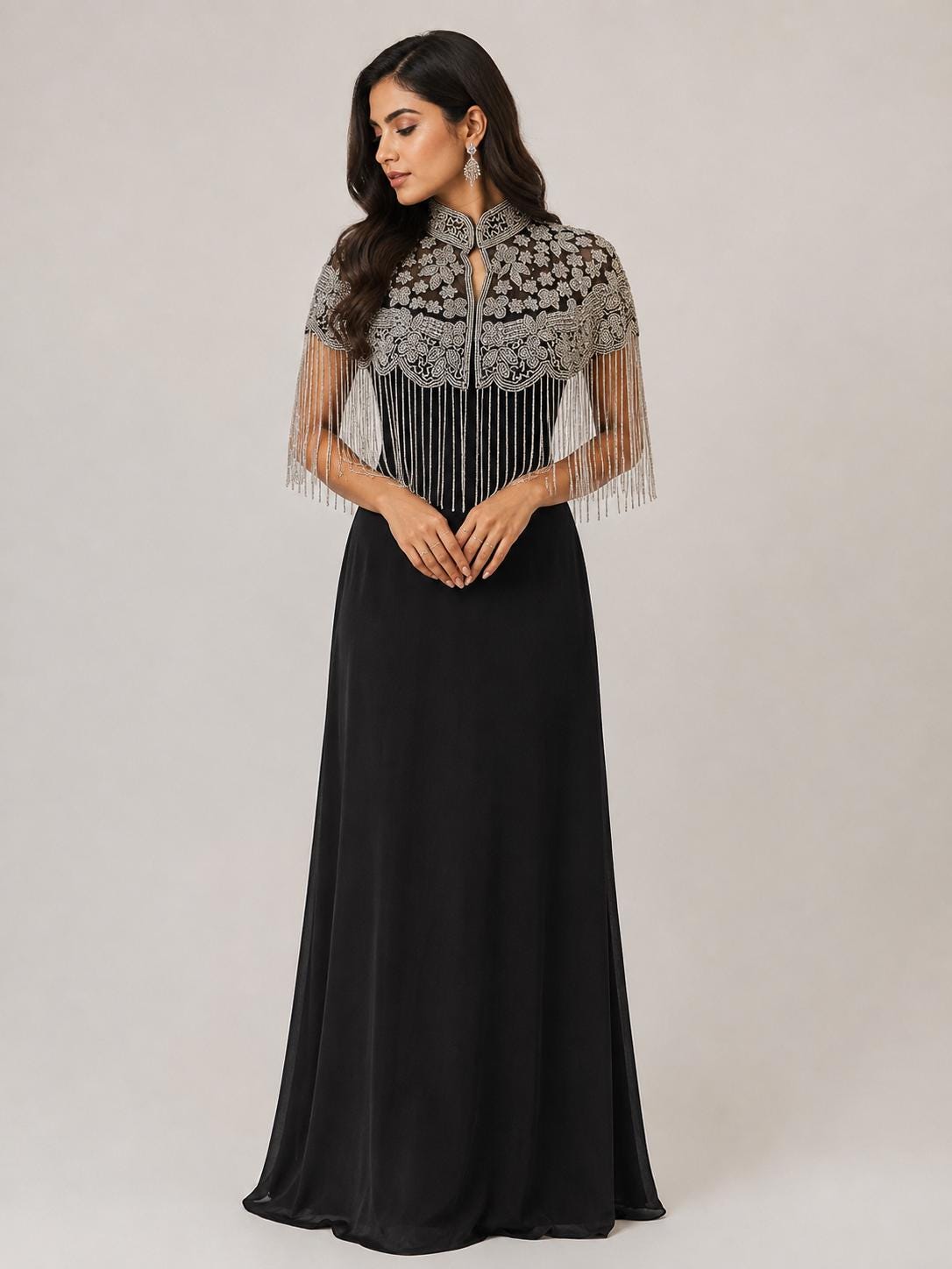 Black Silver Beaded Fringe Cape