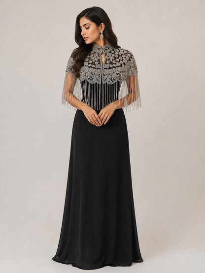 Black Silver Beaded Fringe Cape