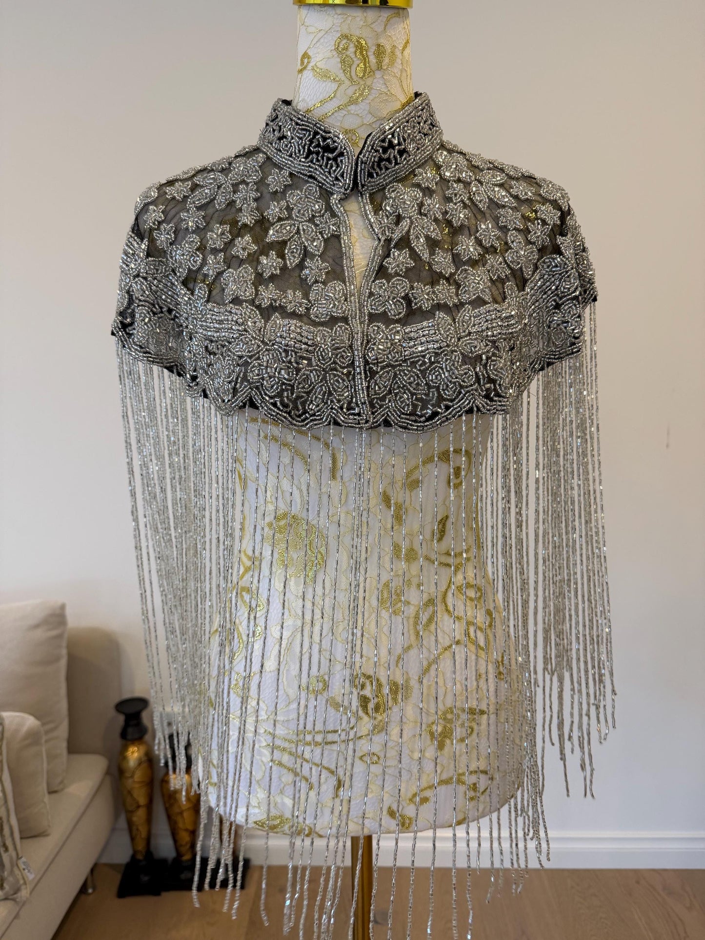 Black Silver Beaded Fringe Cape