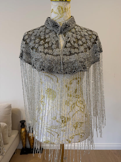 Black Silver Beaded Fringe Cape