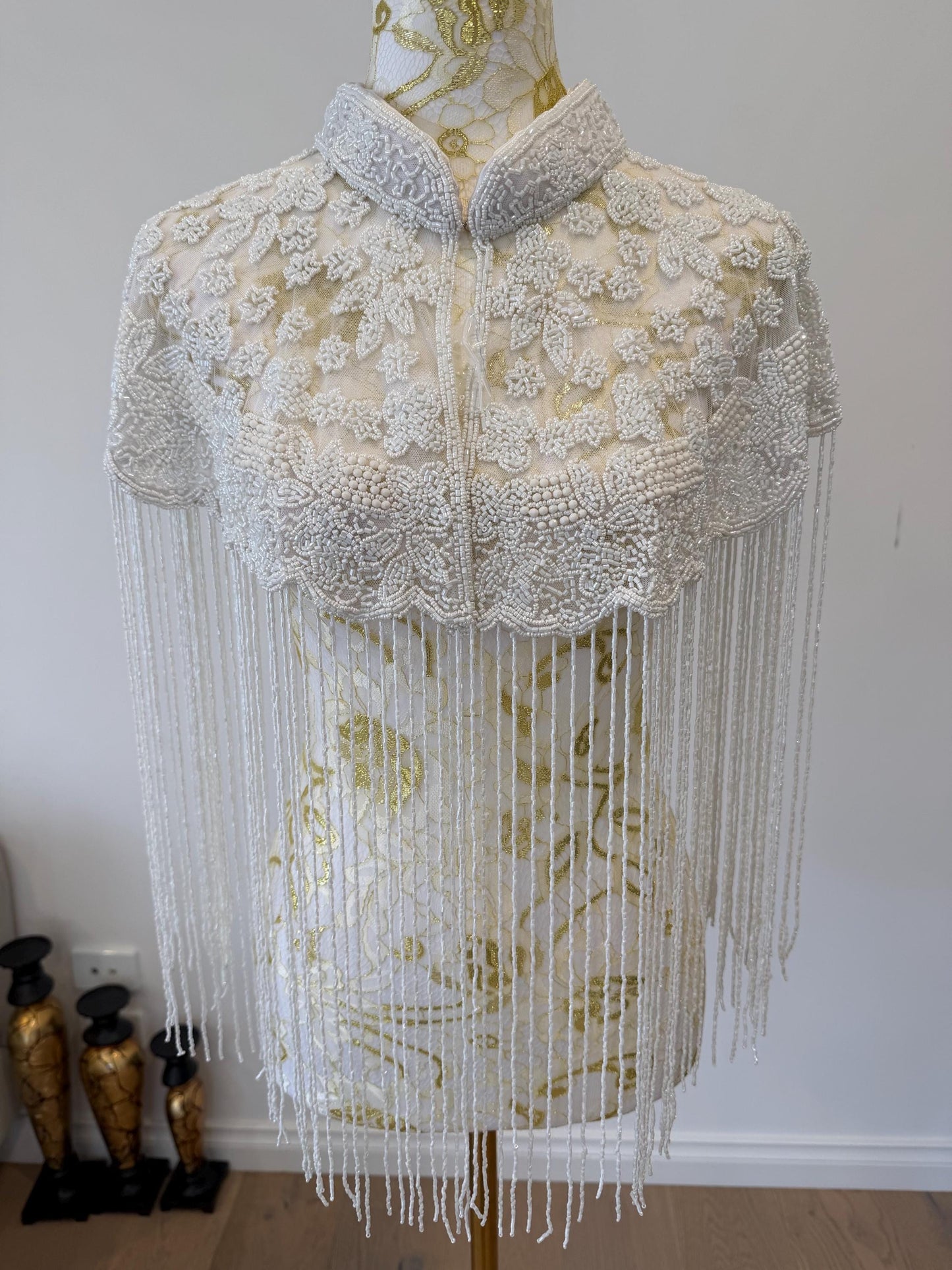 White Beaded Fringe Capelet