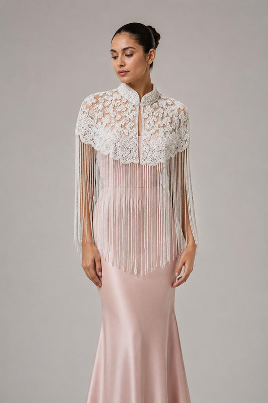 White Beaded Fringe Capelet