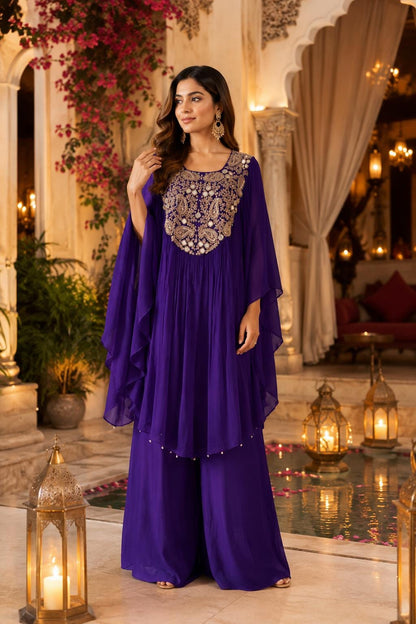 Purple Chiffon indo western with Mirror Work Embroidery