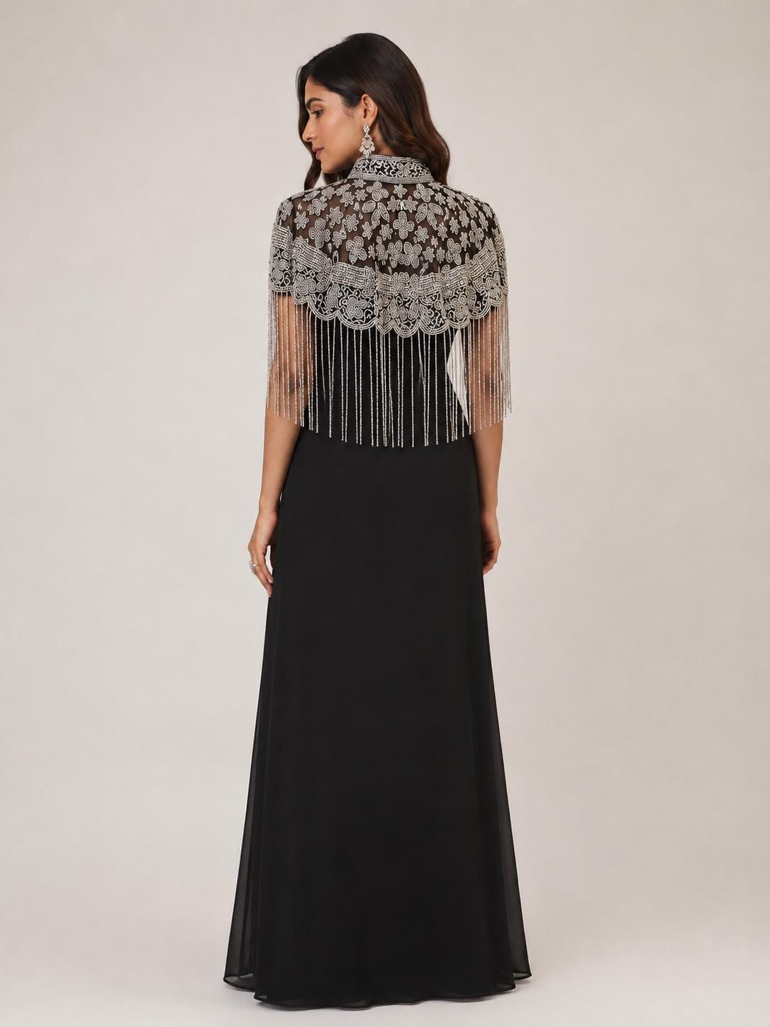 Black Silver Beaded Fringe Cape