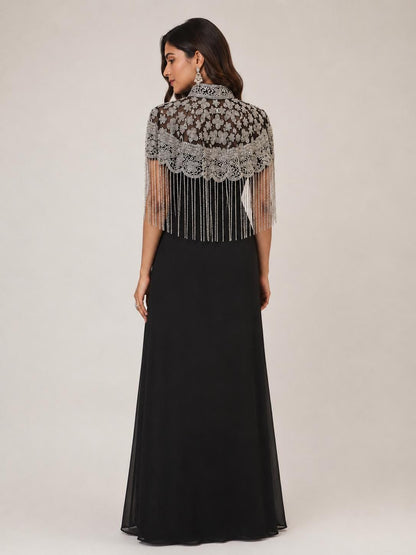 Black Silver Beaded Fringe Cape