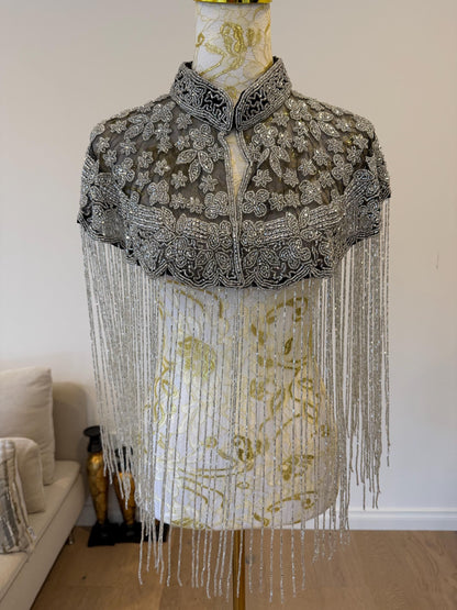 Black Silver Beaded Fringe Cape