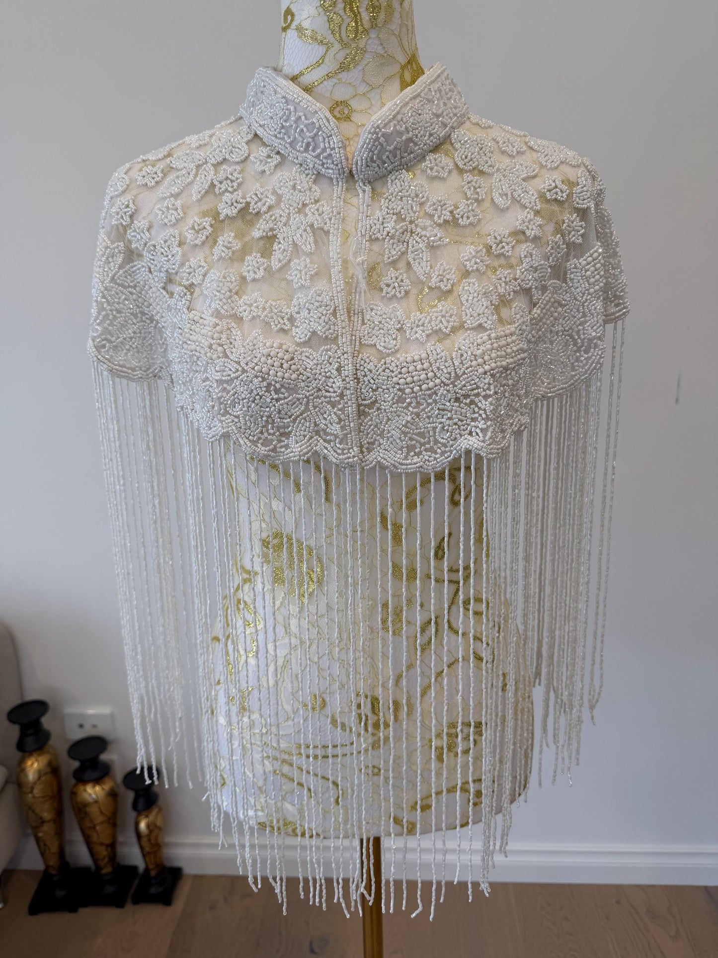 White Beaded Fringe Capelet
