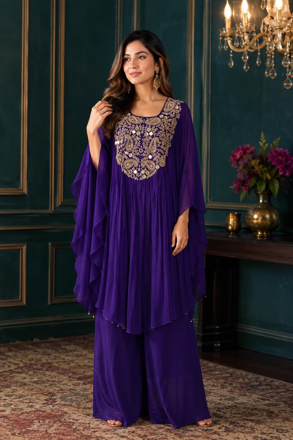 Purple Chiffon indo western with Mirror Work Embroidery