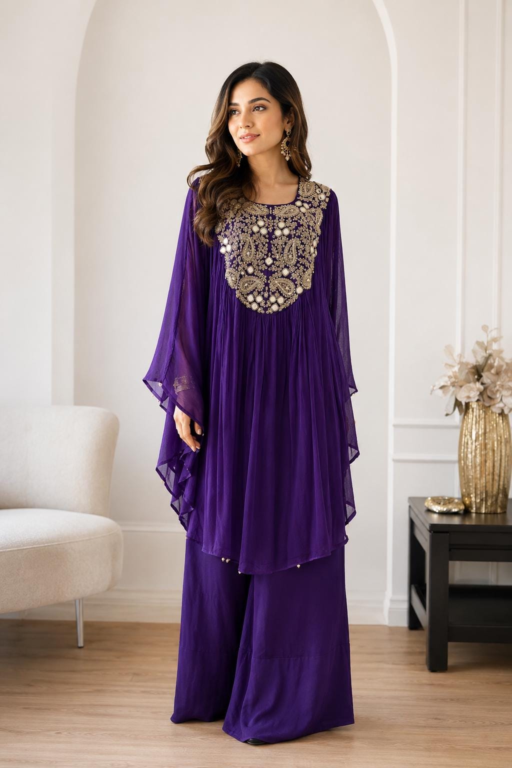 Purple Chiffon indo western with Mirror Work Embroidery