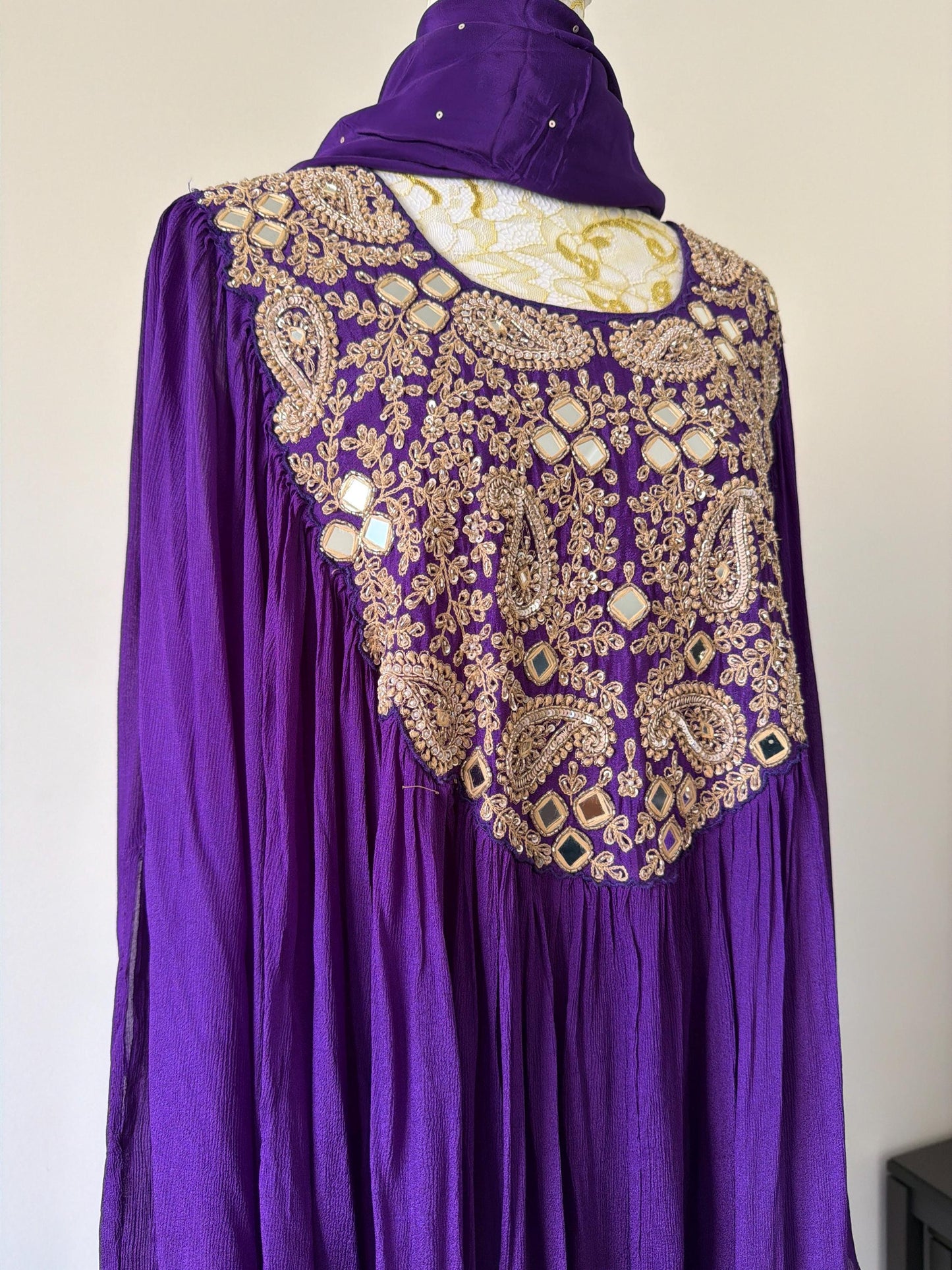 Purple Chiffon indo western with Mirror Work Embroidery