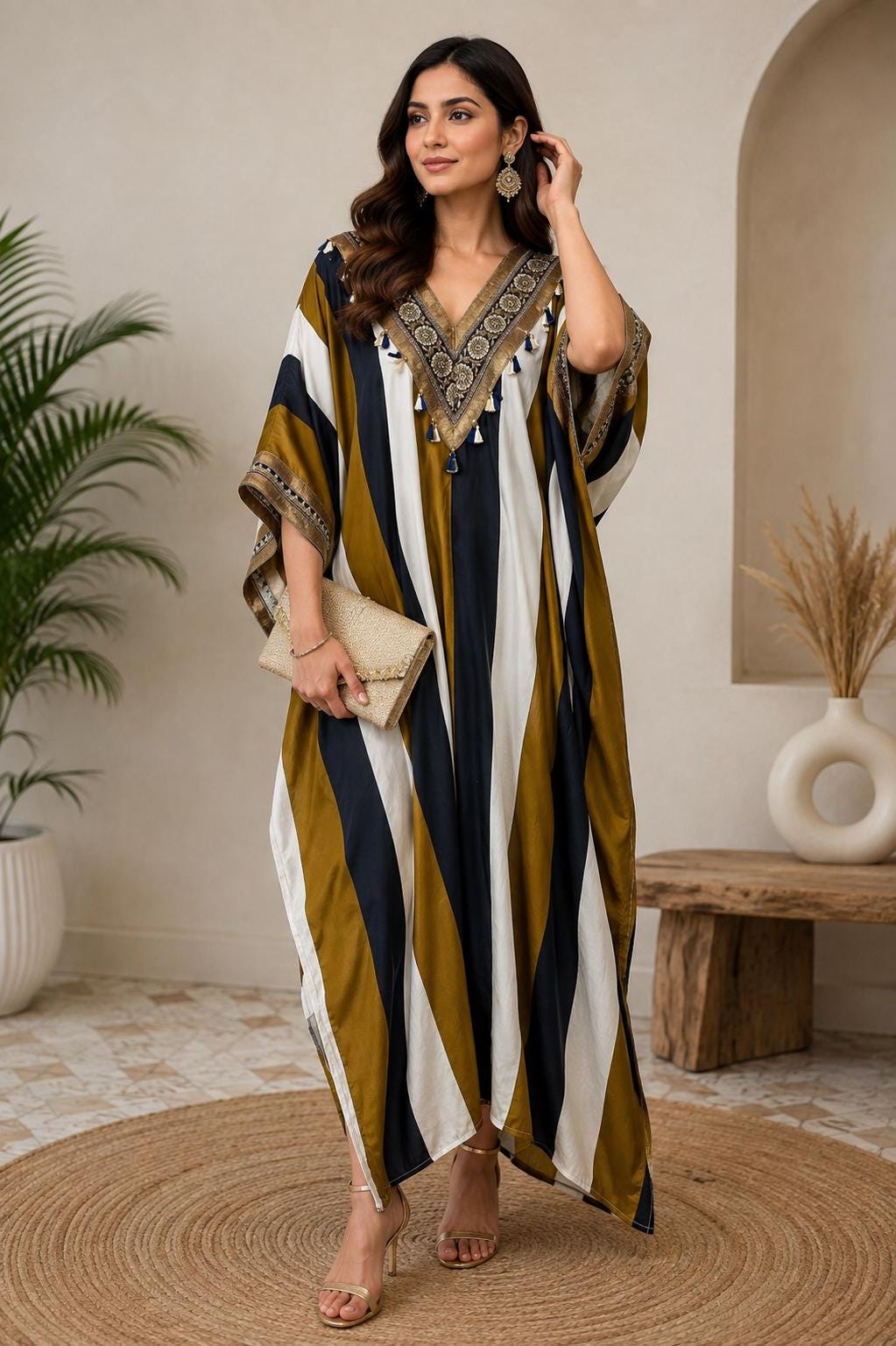 Modal Satin Striped Choga Kaftan