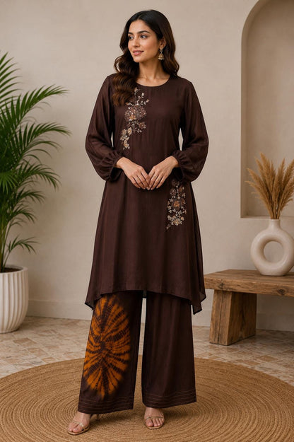 Chocolate Brown Chinon Farsi Salwar Set