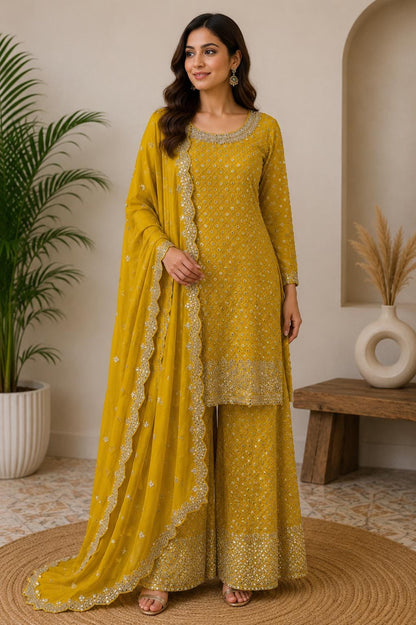 Mustard Chinon Chiffon Suit