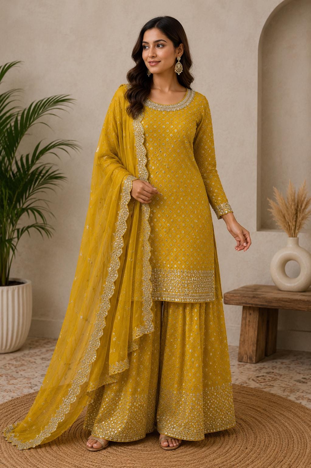 Mustard Chinon Chiffon Suit