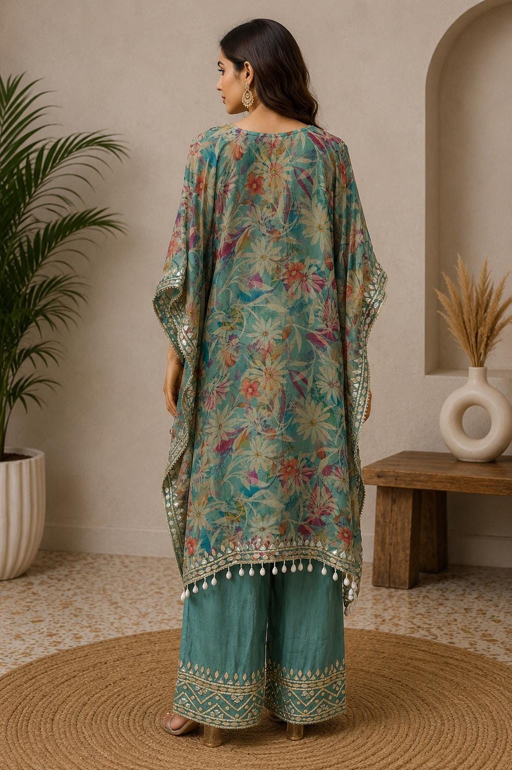 Teal Floral Shimmer Georgette Kaftan Set