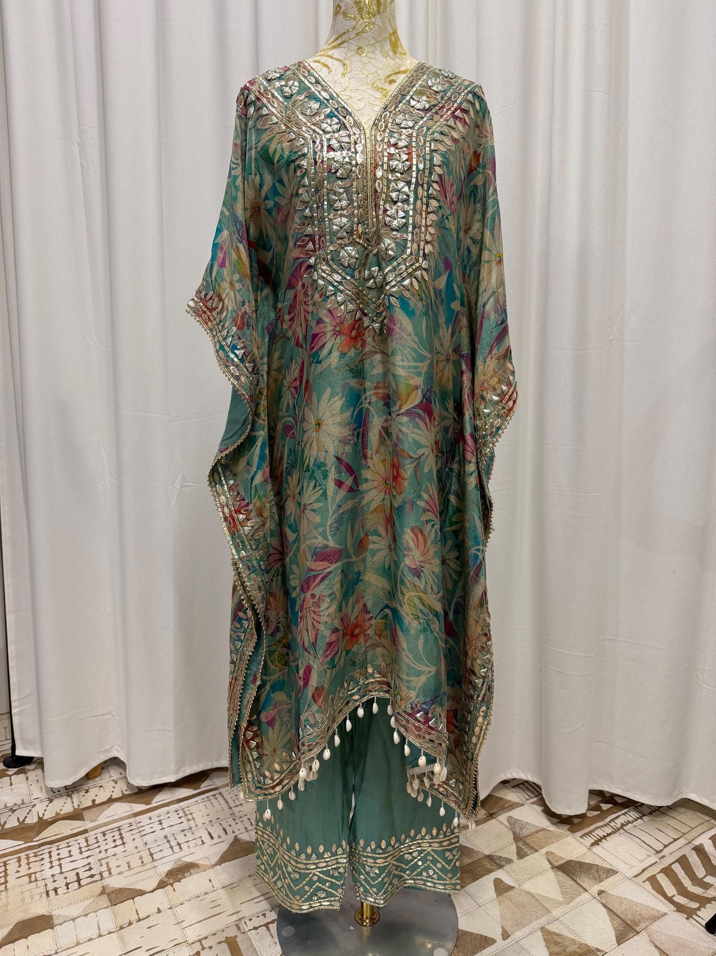 Teal Floral Shimmer Georgette Kaftan Set