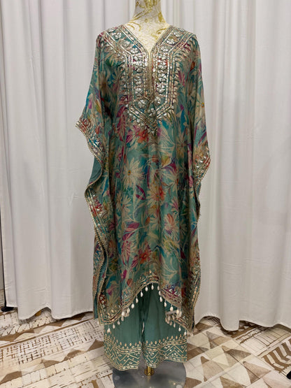 Teal Floral Shimmer Georgette Kaftan Set