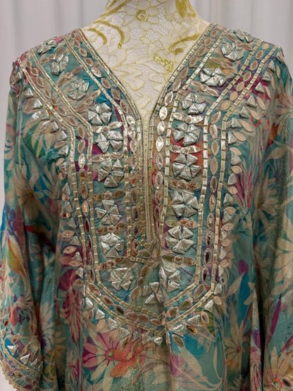 Teal Floral Shimmer Georgette Kaftan Set