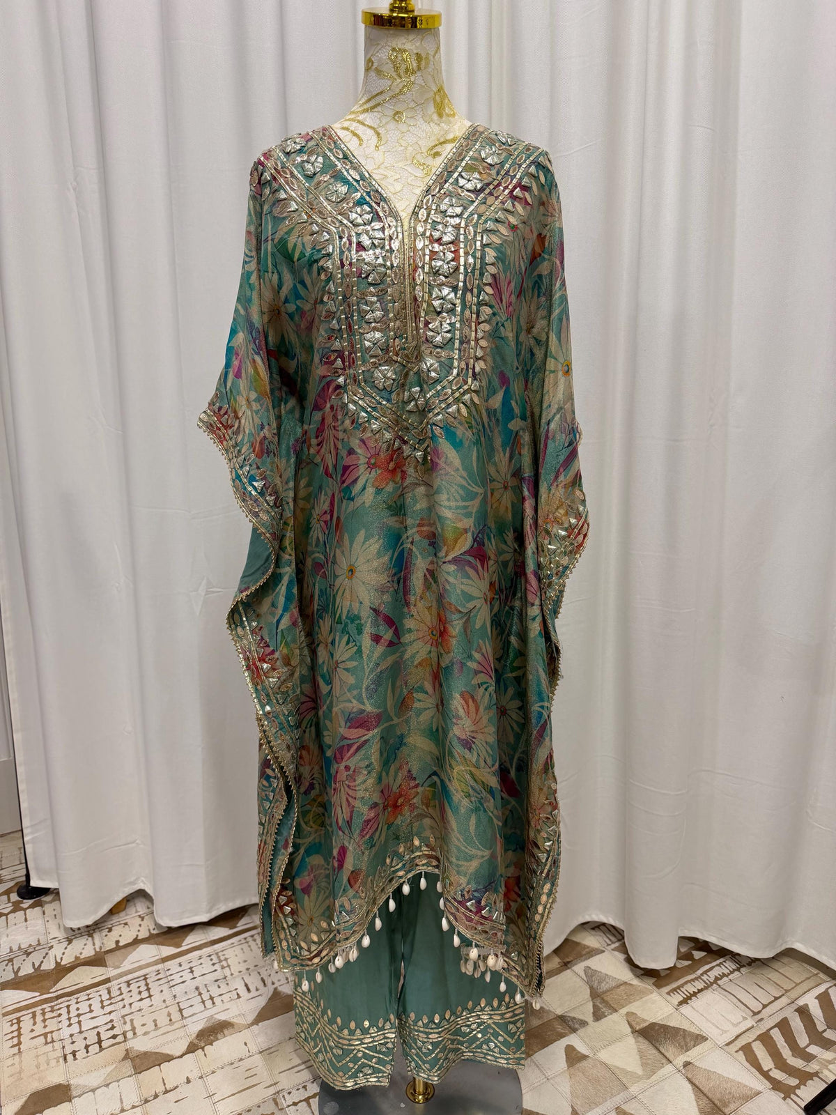 Teal Floral Shimmer Georgette Kaftan Set