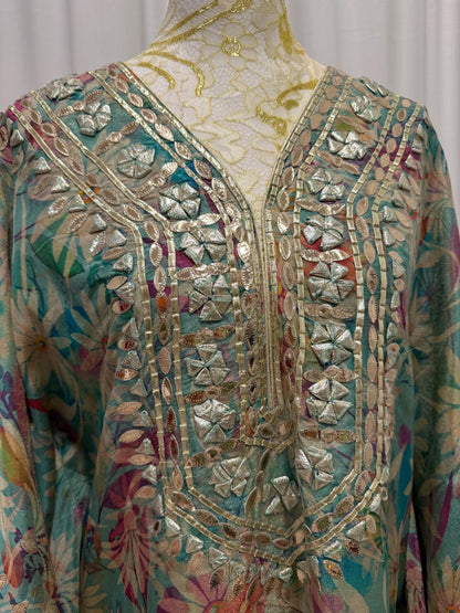Teal Floral Shimmer Georgette Kaftan Set