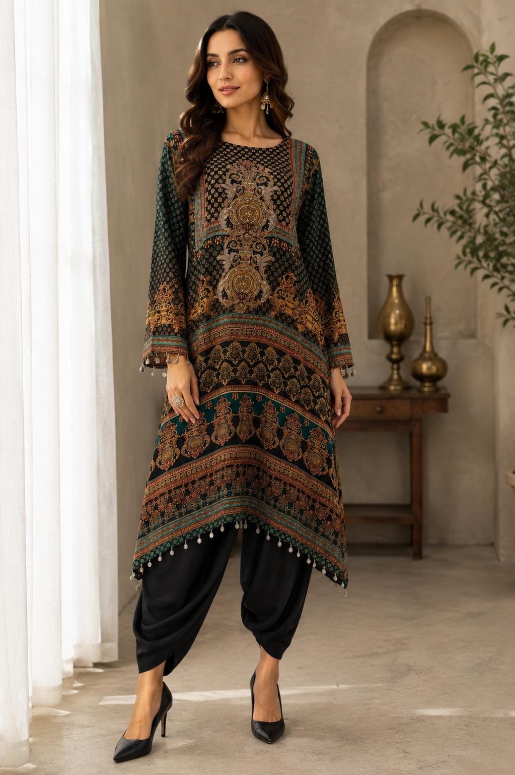 Black Printed Crepe Indo-Western Set