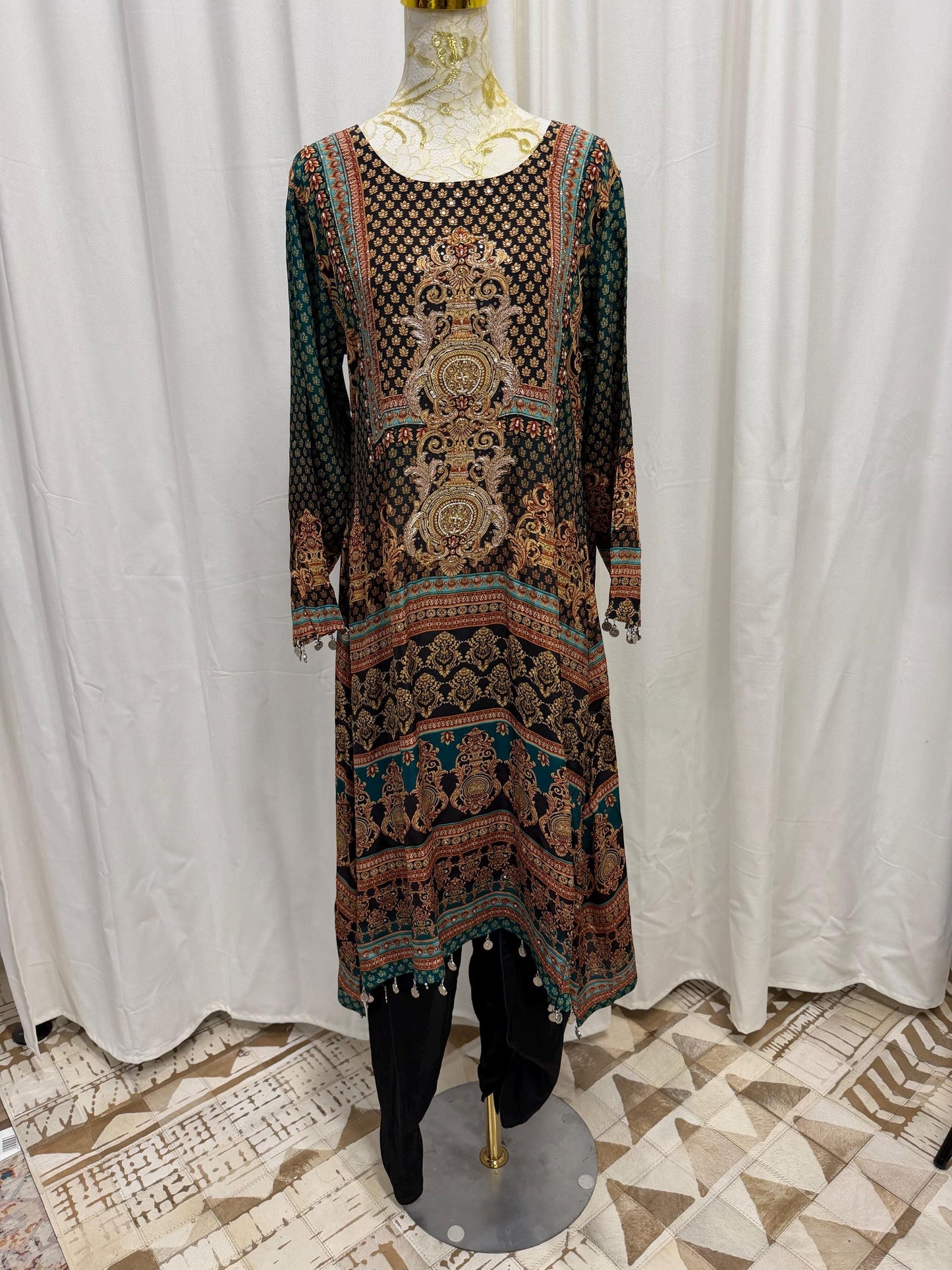 Black Printed Crepe Indo-Western Set