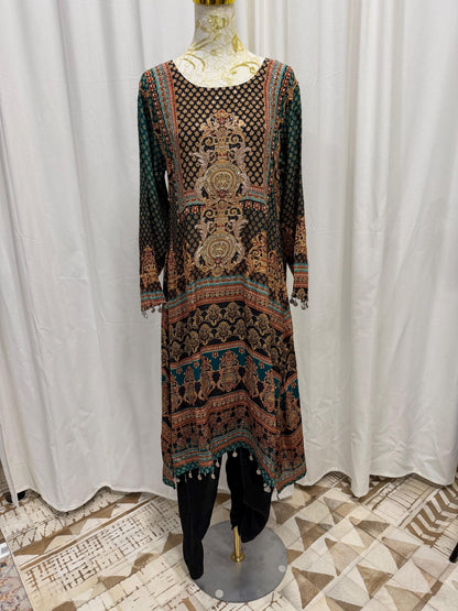 Black Printed Crepe Indo-Western Set