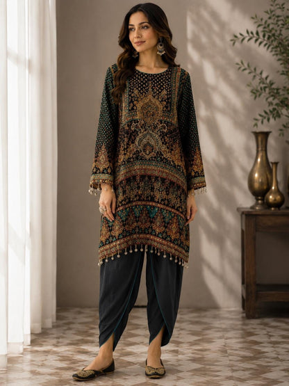 Black Printed Crepe Indo-Western Set