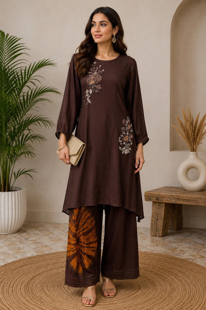 Chocolate Brown Chinon Farsi Salwar Set