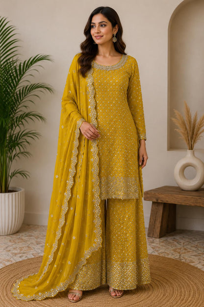 Mustard Chinon Chiffon Suit
