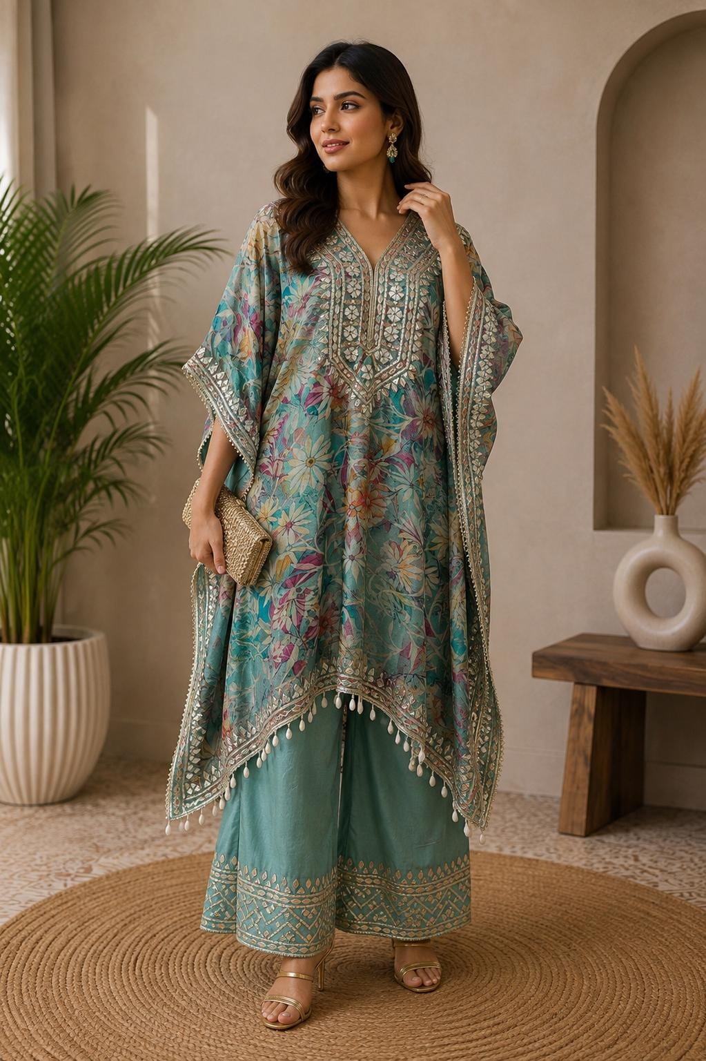 Teal Floral Shimmer Georgette Kaftan Set