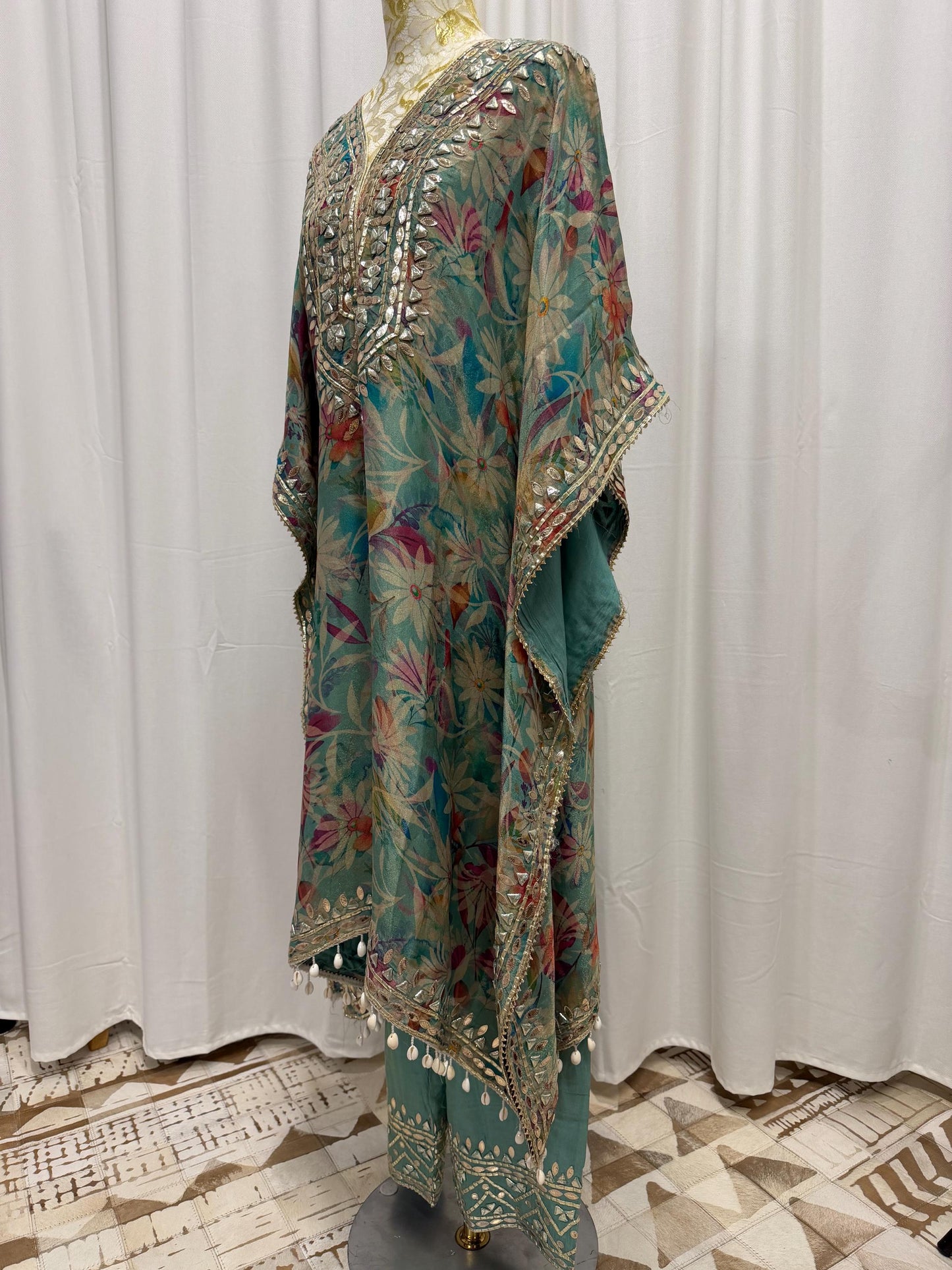 Teal Floral Shimmer Georgette Kaftan Set