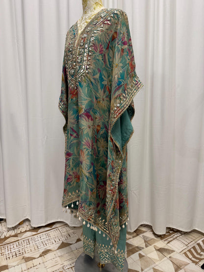 Teal Floral Shimmer Georgette Kaftan Set