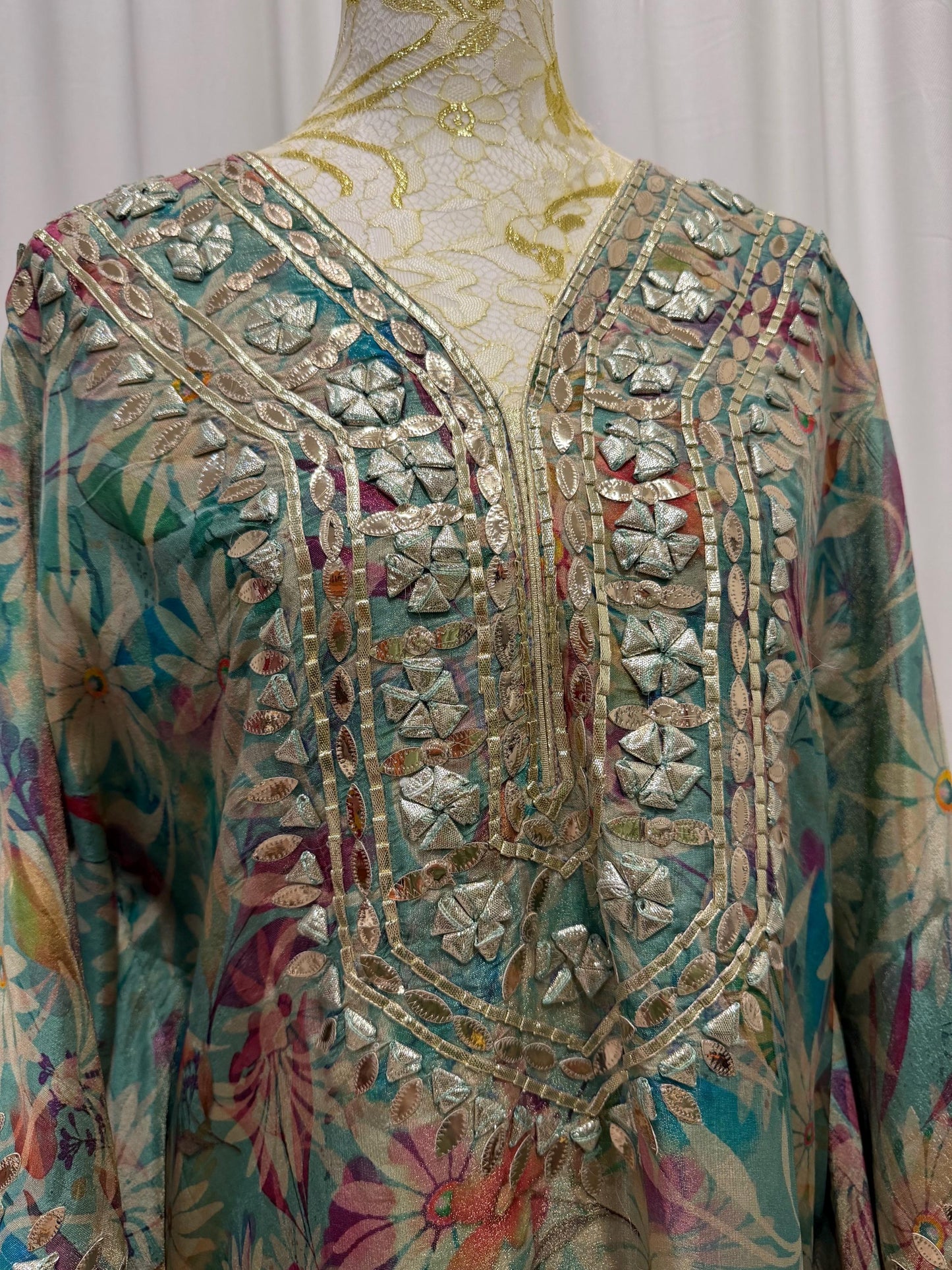 Teal Floral Shimmer Georgette Kaftan Set
