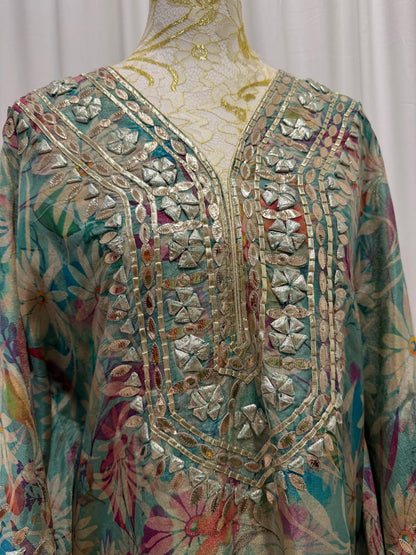 Teal Floral Shimmer Georgette Kaftan Set