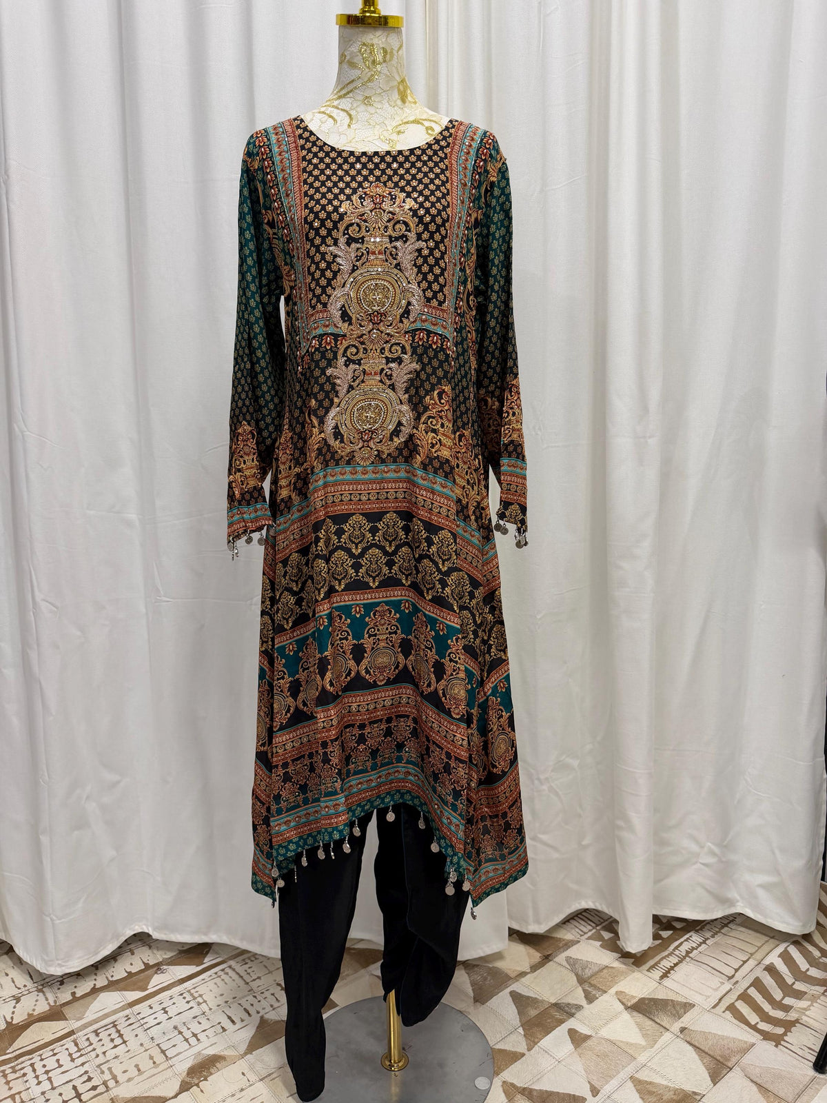 Black Printed Crepe Indo-Western Set