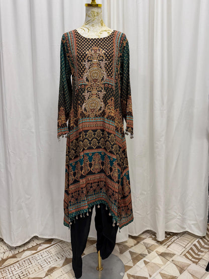 Black Printed Crepe Indo-Western Set