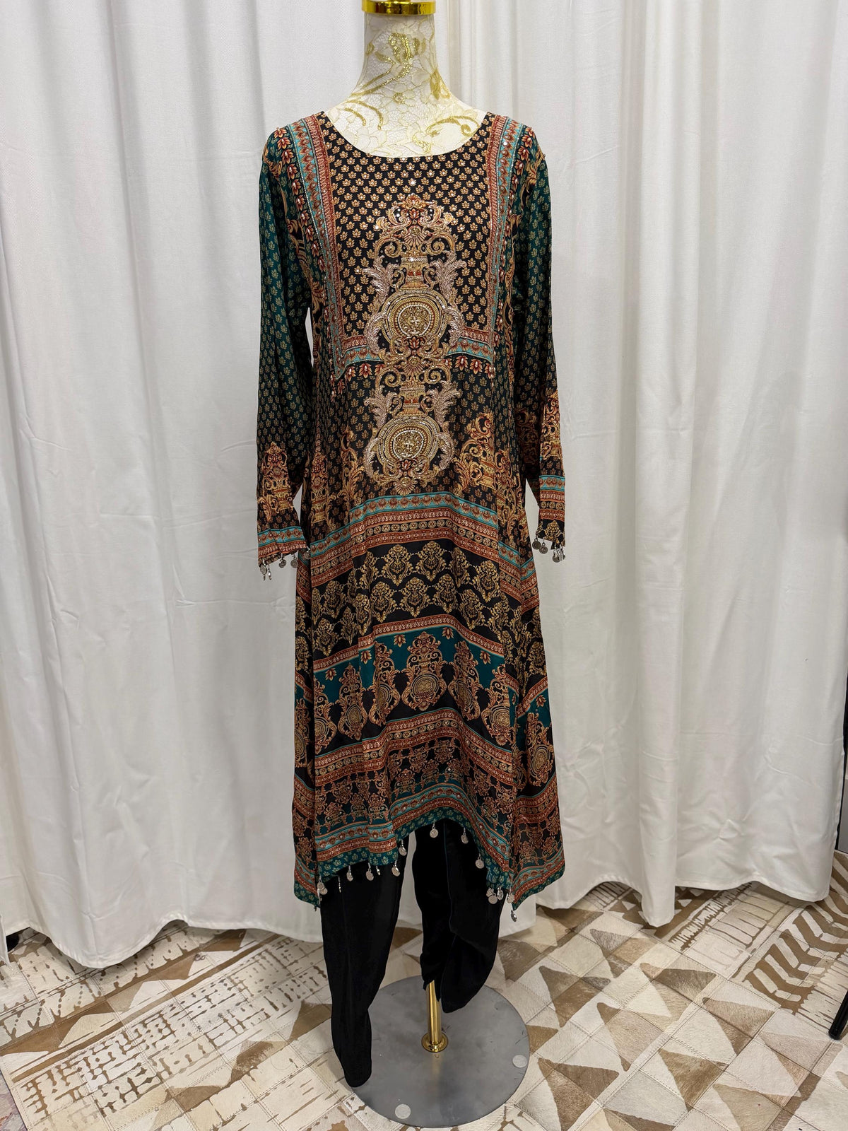 Black Printed Crepe Indo-Western Set