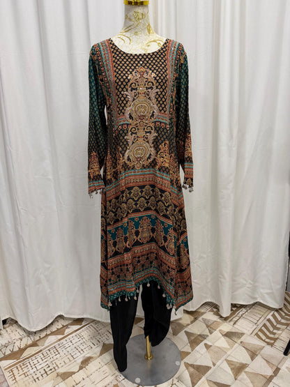 Black Printed Crepe Indo-Western Set